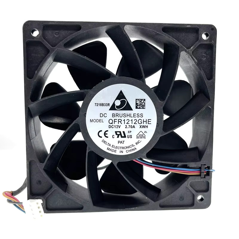 Delta QFR1212GHE High Speed Case Fan für Bitcoin GPU Miner, Schwarz, B/H/T: 12 x 12 x 3,8 cm, DC 12V, 6000RPM, Dual Kugellager, PWM 4P - Bild 2