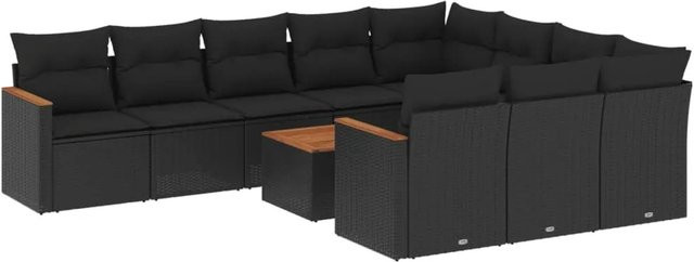 vidaXL 11-tlg Garten-Sofagarnitur aus Poly-Rattan und Akazienholz in Schwarz mit Kissen - Bild 1