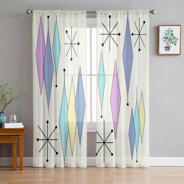 A Family Of Home Textiles Transparenter Chiffon-Tüll-Vorhang mit modernem Rautenmuster in Lila und Weiß, Breite: 135 cm, Höhe: 114 cm - Bild 1