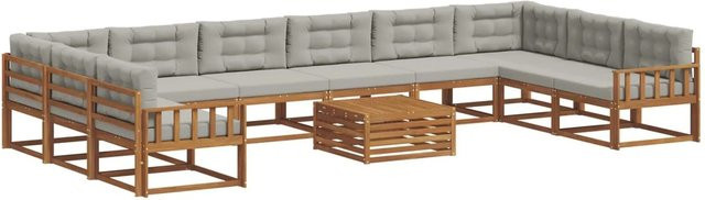 vidaXL Outdoor-Sofagarnitur aus massivem Akazienholz mit Kissen, 11-teilig, Natur und Hellgrau - Bild 1