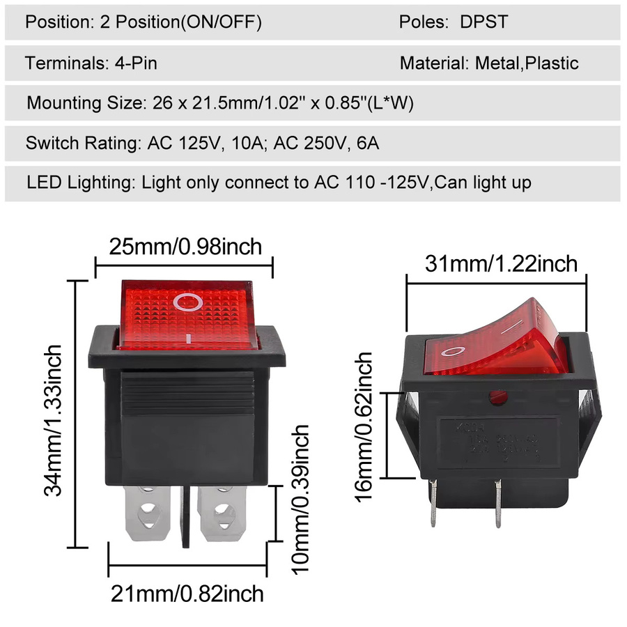 AOKIN KCD4 Rocker Schalter Set mit roter LED Beleuchtung, DPST 4 Pins 2 Position ON/OFF, 10A/125V 6A/250V, 5 Stück - Bild 3