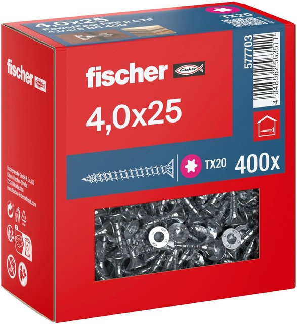 Fischer PowerFast II Senkkopf Schraube mit Torx-Antrieb und Vollgewinde aus verzinktem Stahl, Durchmesser: 4 mm, Länge: 25 mm, Farbe: Silber - Bild 1