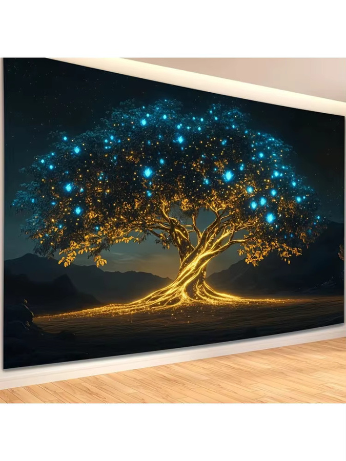 VIKAMA Wandteppich mit magischem leuchtendem Baum und goldenem Stamm in Gold und Multicolour als abstrakte Wanddekoration für dein Wohnzimmer oder Sofa - Bild 4