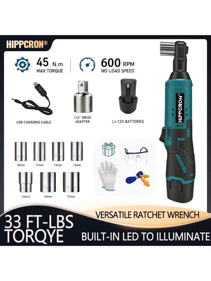 Hippcron 12V Kabelloser Elektrischer Ratschenschlüssel mit 3/8-Zoll-Ratschenwerkzeug-Set, USB-Ladegerät und LED-Licht - Bild 5