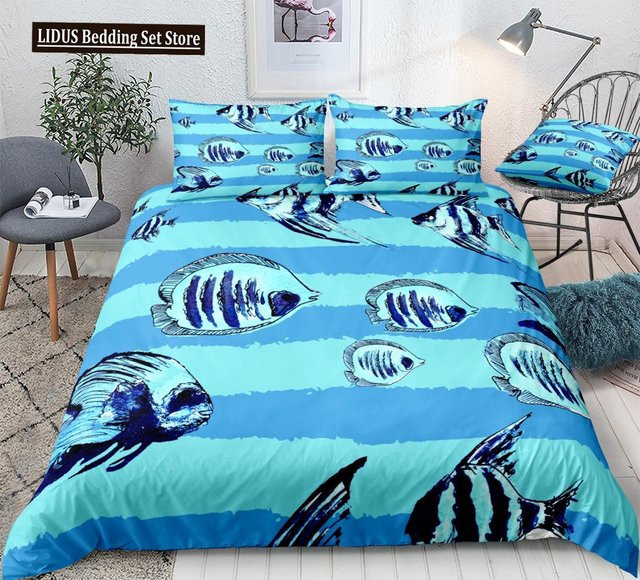 Grosstor Bettwäsche Set Ozean Blau mit Wal-Motiv und Streifen aus Mikrofaser, B/H: 135 x 200 cm - Bild 1