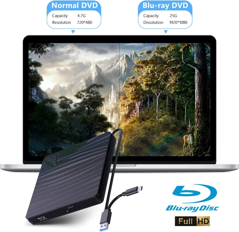 LJIAL Externes Blu-ray-Laufwerk mit USB 3.0, Tragbarer BD-RW-Brenner und DVD-CD-Player für Laptop und PC, Schwarz - Bild 2