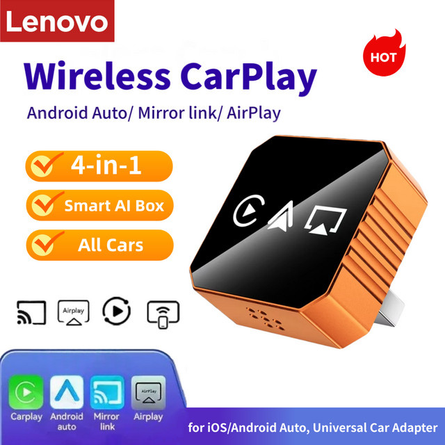 Lenovo 4-in-1 Wireless CarPlay und Android Auto Adapter mit Bildschirmspiegelung für iOS und Android in Orange - Bild 1