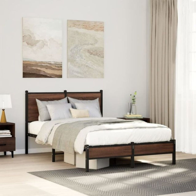 Metallbett Vidaxl in Braun mit Eichen-Optik im Industrial-Stil, B/T/H: 120 x 200 cm - Bild 1