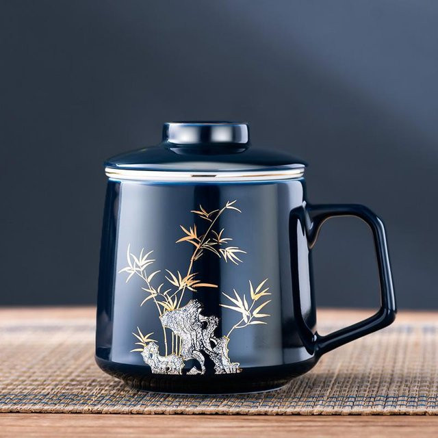Yiran Furniture Keramik-Teegeschirr Set mit Teesieb und traditionellen chinesischen Mustern, Schwarz, 400 ml - Bild 1