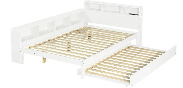 Merax Holzbett mit Ausziehfunktion und Stauraum in Weiß, B/T/H: 200 x 120 x 76,5 cm - Bild 1