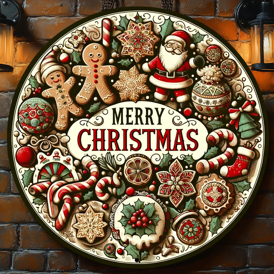 Potdemiel Vintage Wandschild Frohe Weihnachten runder Metall-Kranz mit Weihnachtsmann und Lebkuchen, Durchmesser: 20,32 cm, Mehrfarbig - Bild 3