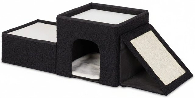 Relaxdays Katzenhöhle Schwarz mit 3 Liegeplätzen und Kratzfläche, B/T/H: 112 x 36,5 x 41 cm - Bild 1