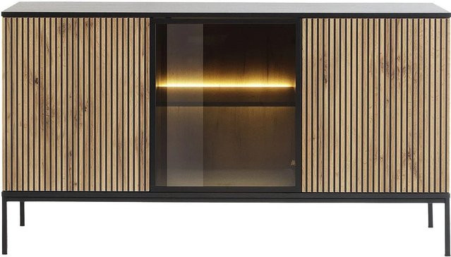 Sideboard Ovila Vente-unique in Schwarz und Naturfarben Hell mit integrierter Beleuchtung und Rauchglas, Breite: 153,4 cm - Bild 1