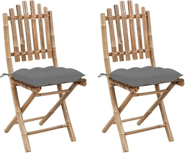 Furnicato Gartenstuhl Set 2 Stück aus Bambus mit Kissen Grau B/T/H: 50 x 42 x 92 cm - Bild 1