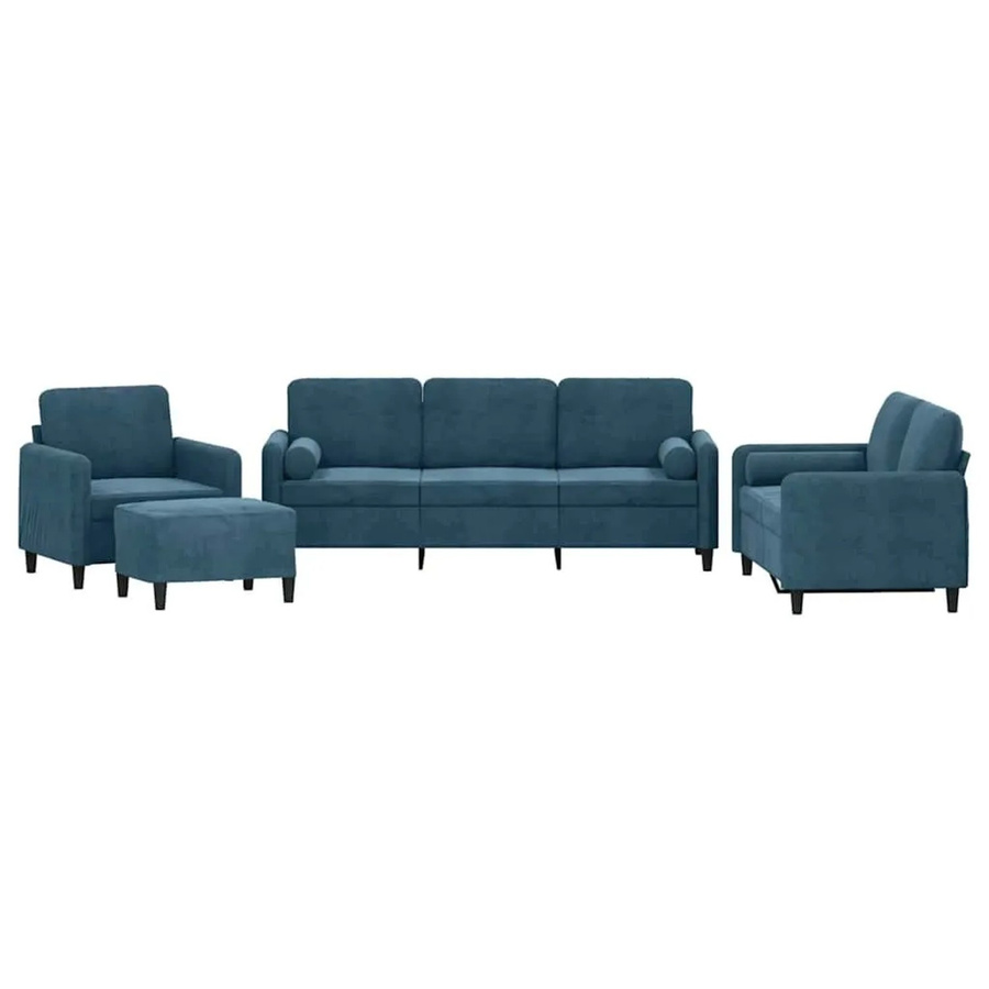 vidaXL 4-teilige Sofagarnitur aus Samt in Blau mit 3-Sitzer-Sofa, 2-Sitzer-Sofa, Sessel, Fußhocker und Kissen - Bild 2