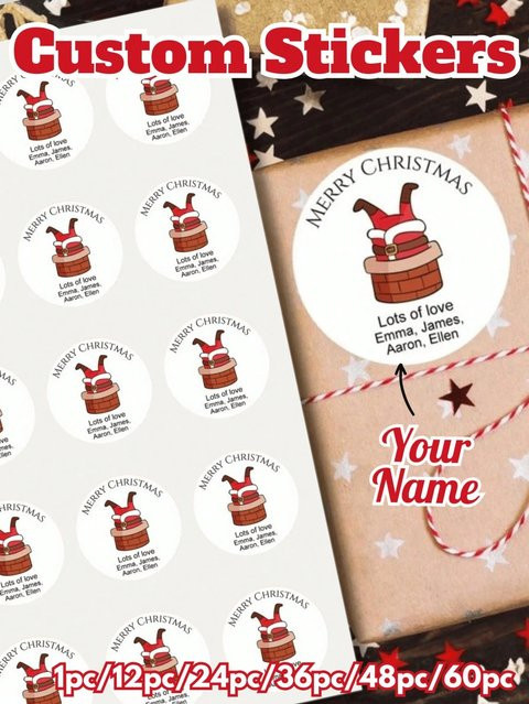 Personalisierte Weihnachtsmann im Korb Aufkleber mit individuellem Namen für Geschenketiketten und Verpackungen - Bild 1