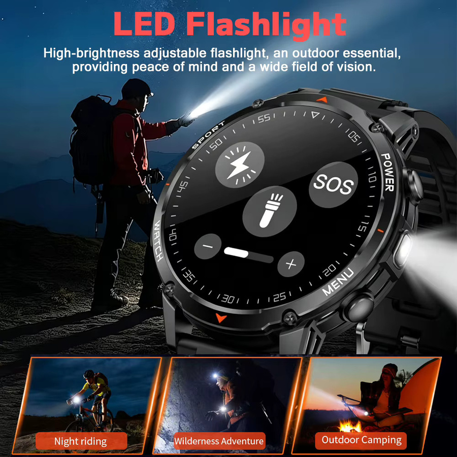 ChiBear Outdoor-Sportuhr für Herren mit LED-Taschenlampe, Bluetooth-Anruf und IP68 Wasserdichtigkeit, Schwarz, 1400mAh Akku - Bild 3