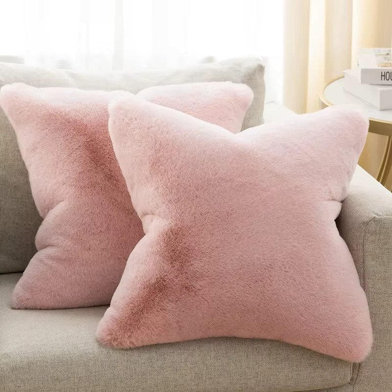 Inyahome Kissenbezug aus Kunstkaninchenfell in Rosa und Beige mit Reißverschluss - Bild 3