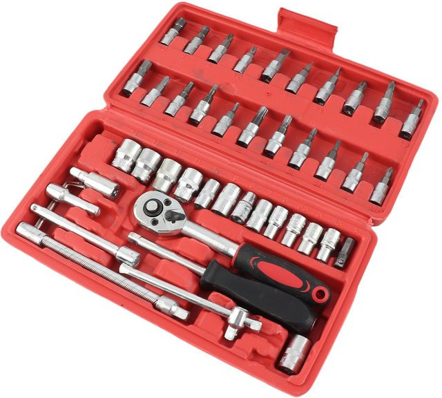 Igeteck 46-teiliges Fahrzeugreparatur Ratschenschraubendreher Werkzeug-Set aus Chrom-Vanadium und Edelstahl in Rot - Bild 1