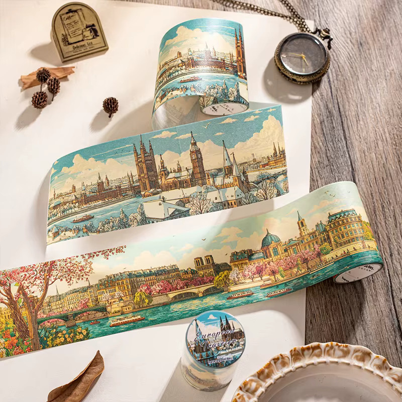 JIANQI PET Washi Tape Vintage Europäische Reise Design für Scrapbooking und DIY Notebook Dekoration, Mehrfarbig, Breite: 6,5 cm, Länge: 2 m - Bild 2
