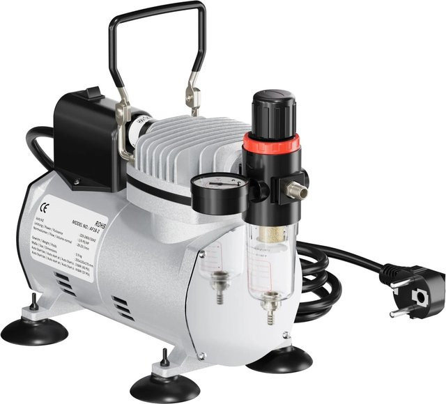 Wiltec Airbrush Kompressor AF18-2 Membrankompressor mit Abschaltautomatik und Manometer in Silber - Bild 1