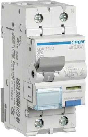 Hager ADA520D RCBO FI-Schutzschalter und Leitungsschutzschalter 2polig, 20A, 0.03A, 240V, Blau/Weiß - Bild 1