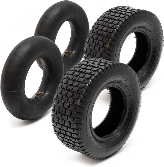 Wiltec Reifenmantel Set mit 2 Schlauch und 4er Winkelventil in Schwarz für Rasentraktor Mäher, Größe 15X6.00-6 - Bild 1