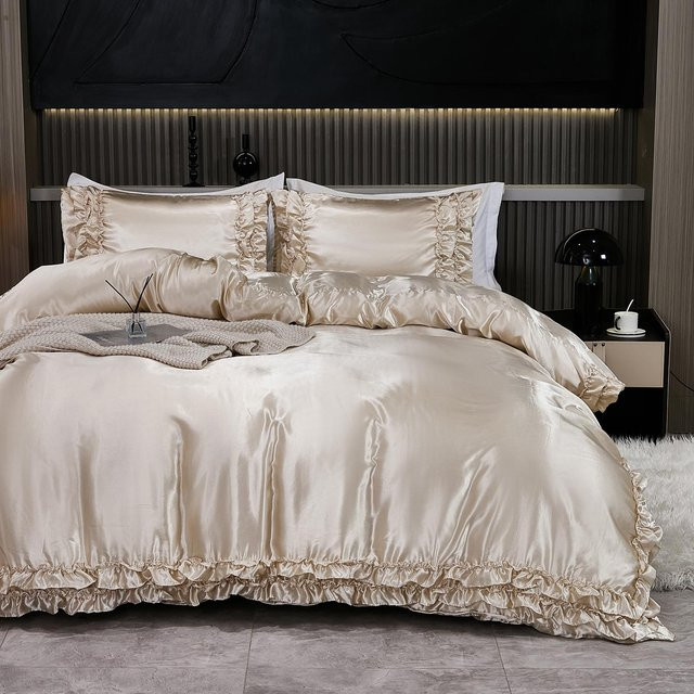 3-teiliges Satin-Bettwäsche-Set Bin Chi Textiles mit Rüschenmuster in Khaki und Rosa, B/H: 160 x 220 cm - Bild 1