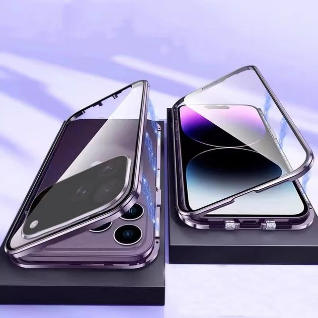 VYOPBC Magnetische 360 Grad Vollschutz Handyhülle mit Snap-Lock und doppelseitigem Glas für iPhone 17 Pro 16 15 14 13 12 11 Pro Max in Silber - Bild 1