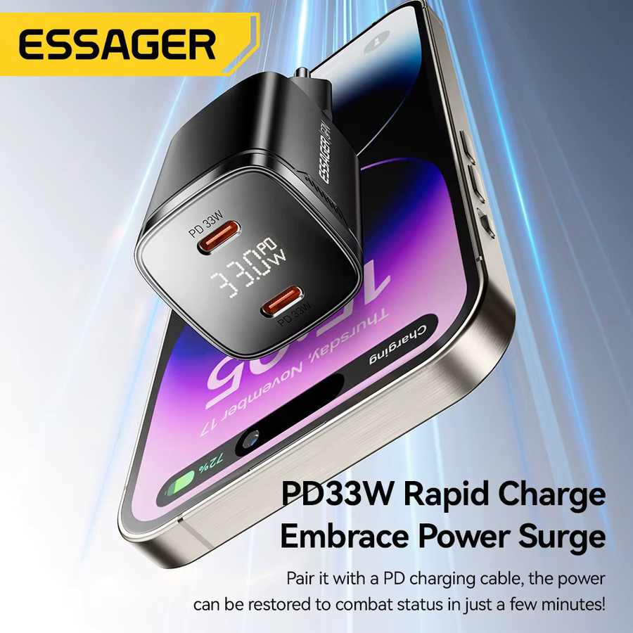 Essager 33 W GaN Dual USB Typ C Ladegerät mit Digital Display in Schwarz für iPhone, iPad und andere Geräte mit PD Schnelle Aufladung - Bild 3