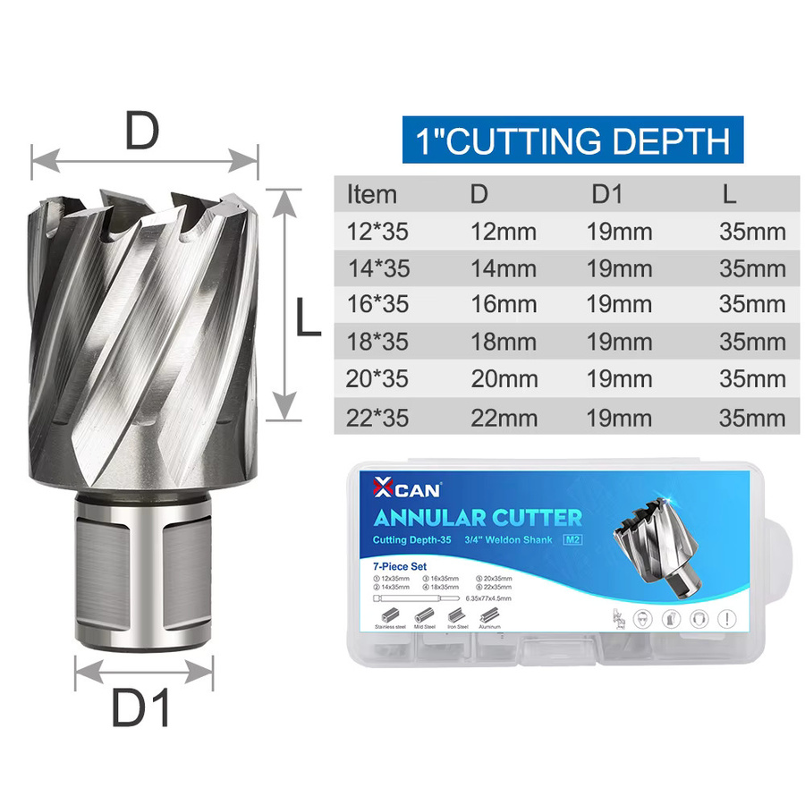XCAN 7-teiliges HSS-Ringschneider-Set in Silber, Kernbohrer mit 19 mm Weldon-Schaft für Metall, Durchmesser: 11–22 mm - Bild 4