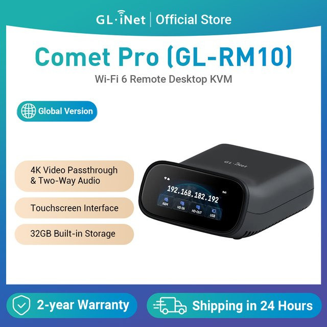 GL.iNet Comet Pro GL-RM10 Ferngesteuertes KVM mit Wi-Fi 6, 4K@30Hz Passthrough, Touchscreen und 32GB EMMC in Schwarz - Bild 1