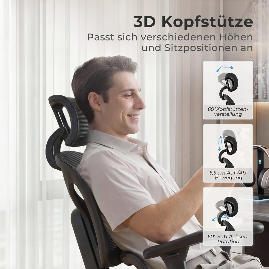WELAX S9 ergonomischer Bürostuhl in Schwarz mit Netzrücken, hoher Rückenlehne, Lendenwirbelstütze und 4-fach verstellbaren Armlehnen - Bild 6