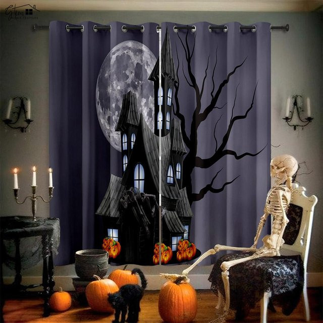 Halloween Dekoration Fenster Vorhänge mit Horror Schloss Cartoon Design, 2er Set, Farbe: Lila, Breite: 50 cm, Höhe: 130 cm - Bild 1