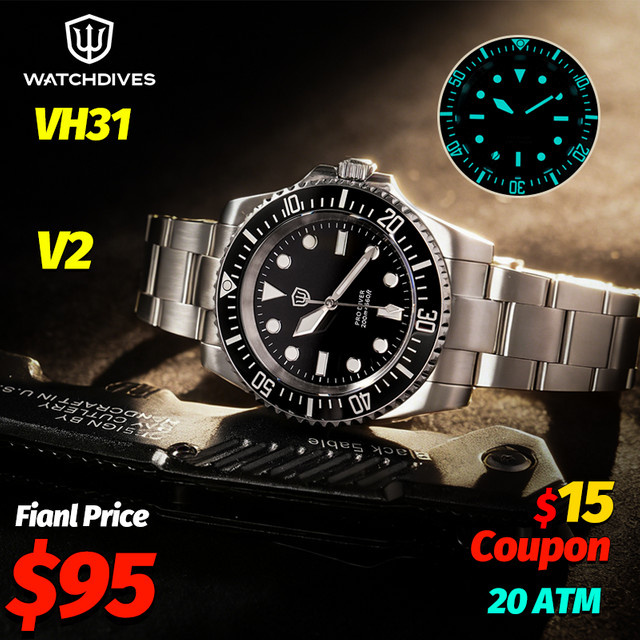 Watchdives Armbanduhr, Quarz, Edelstahl, Schwarz, Saphirglas, Herren - Bild 1