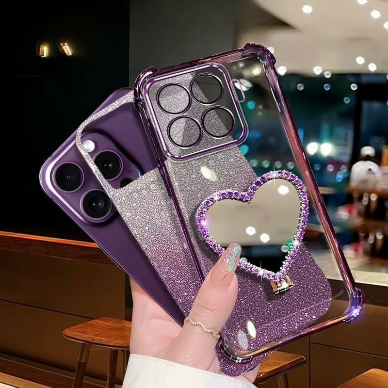 Glitzer Handyhülle für Xiaomi 15 Ultra 14T 14 Pro 13 12S mit Make-up-Spiegel, Halterung und Kristallarmband in Schwarz - Bild 4