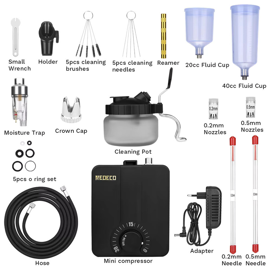 NEOECO Dual-Action-Airbrush-Kit mit 30 PSI Hochdruck-Kompressor, automatischer Stoppung und stufenloser Steuerung zum Lackieren von Modellen, Make-up und Nägeln - Bild 4