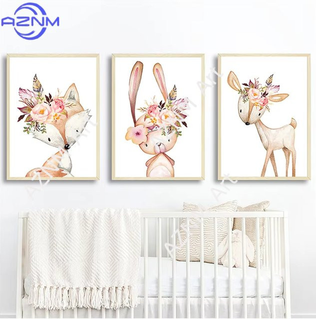 AZNM Wandkunst Leinwandbilder für das Babyzimmer mit Blumen- und Waldtiermotiv in Mehrfarben - Bild 1