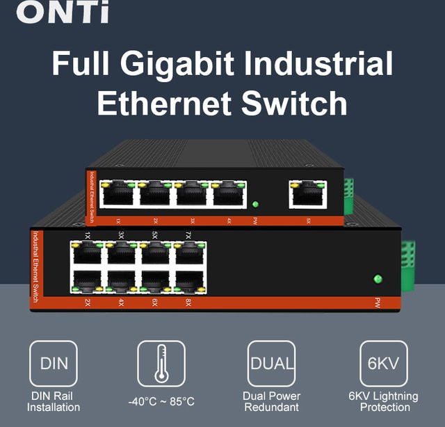 ONTi Industrie-Ethernet-Switch mit 8 Ports, Gigabit 10/100/1000 Mbit/s, IP40, DIN-Schiene, Schwarz - Bild 1