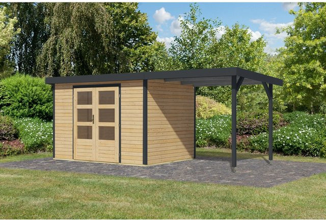 Karibu Gartenhaus Ernesto mit Anbaudach in Natur und Anthrazit, B/T/H: 298 x 209 x 213 cm - Bild 1
