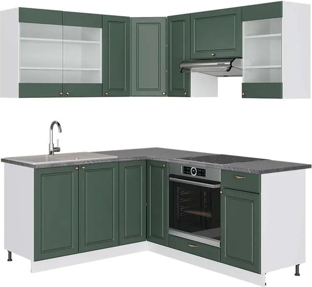 Vicco Fame-Line Eckküche im Landhausstil in Grün-Gold und Weiß mit Anthrazit, B/T/H: 160 x 190 cm - Bild 1