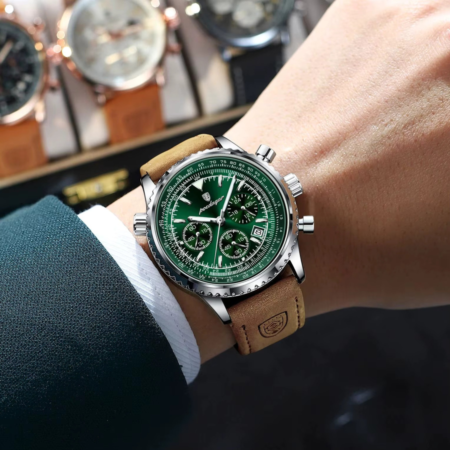 POEDAGAR Armbanduhr, Chronograph, Quarz, Leder, Grün, Herren - Bild 5