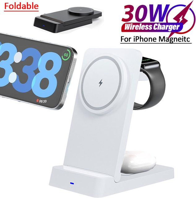 VIKEFON 3-in-1 magnetisches kabelloses Ladegerät, faltbare Schnellladestation für MagSafe iPhone, iWatch und AirPods Pro in Schwarz - Bild 1