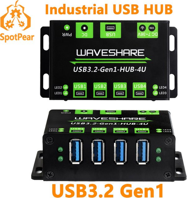 Spotpear Industrieller USB-HUB USB 3.2 Gen1 mit 4 Ports und USB-C, Onboard 7-36V DC-Stromanschluss für Multi-Systeme, Schwarz - Bild 1