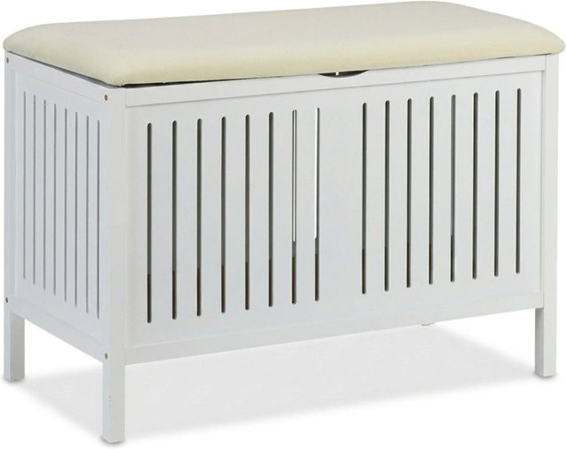 Relaxdays Sitzbank aus Kiefernholz in Weiß, gepolstert mit Stauraum und Schuhregal, B/H/T: 78 x 56 x 39 cm - Bild 1