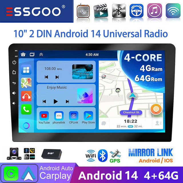 ESSGOO Universal Auto-Radio mit 10 Zoll Android 14 Display, 4G+64G, Bluetooth, GPS Navigation, Drahtloses CarPlay und Android Auto, WiFi, Touchscreen, FM RDS, Lenkradsteuerung und Mirror Link in Schwarz - Bild 1