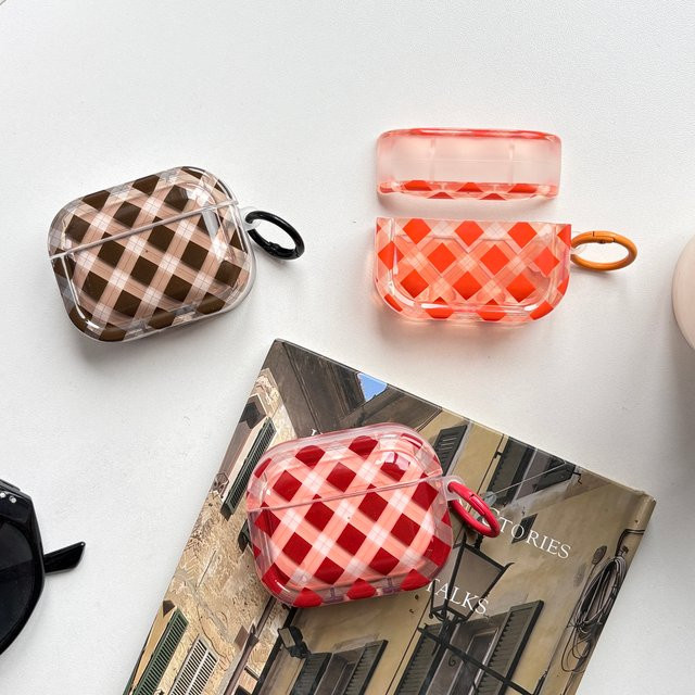 Transparente Kopfhörerhülle mit Diamond Grid Argyle Muster für Apple AirPods Pro 1, 2 und 3 in Braun, Rot und Orange - Bild 1