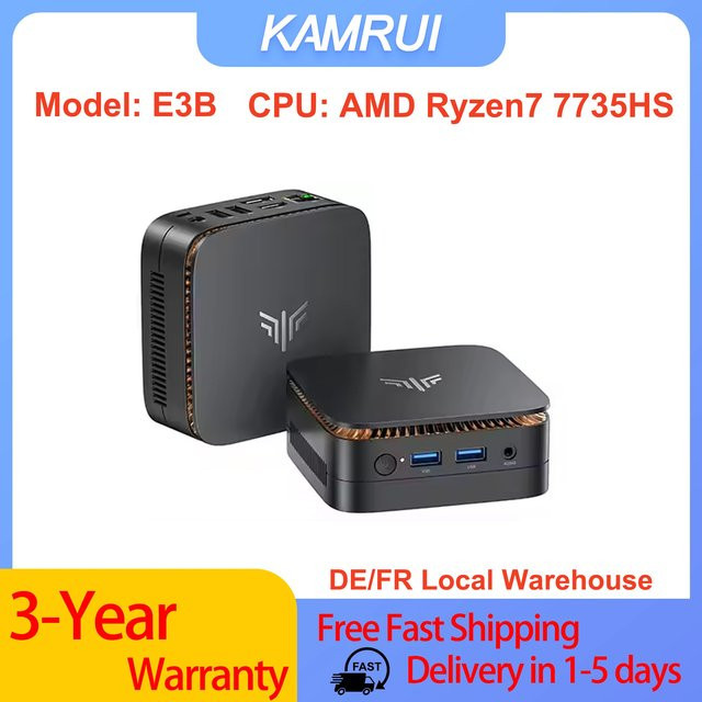 KAMRUI E3B Mini-PC mit AMD Ryzen 7 7735HS, Radeon Grafik, WiFi 6, Bluetooth 5.2 und Windows 11 Pro, Schwarz - Bild 1