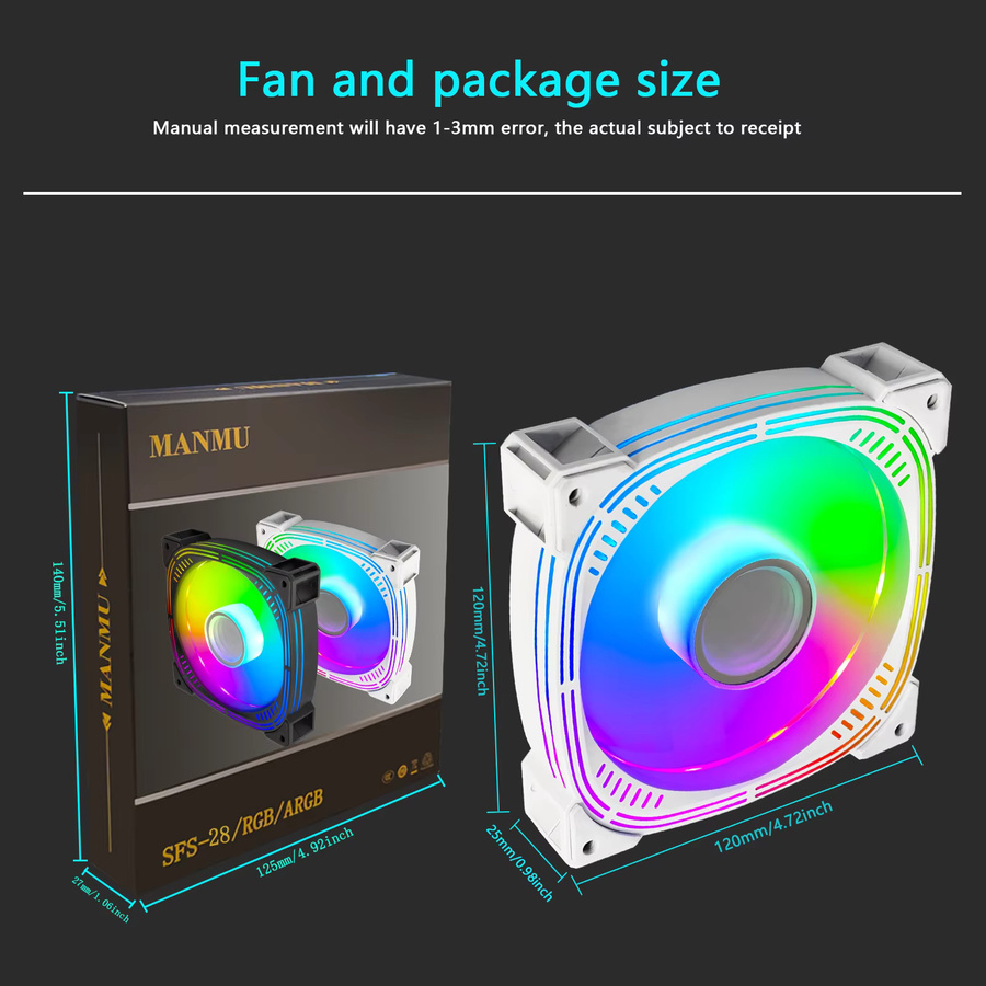 MANMU Gehäuselüfter mit ARGB-Beleuchtung für PC, 120 mm, Multicolour - Bild 3