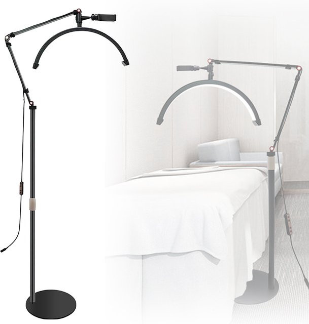 OWJHE 20W LED Bodenlampe in Halbmondform mit dimmbarer Lichtfarbe 3000K-6000K, verstellbarem Metallstativ und Handyhalterung, Schwarz - Bild 1